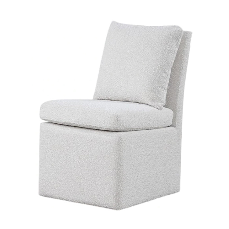 Ager Side Dining Chair with 6 Caster Wheels-Barrel Style-White Boucle