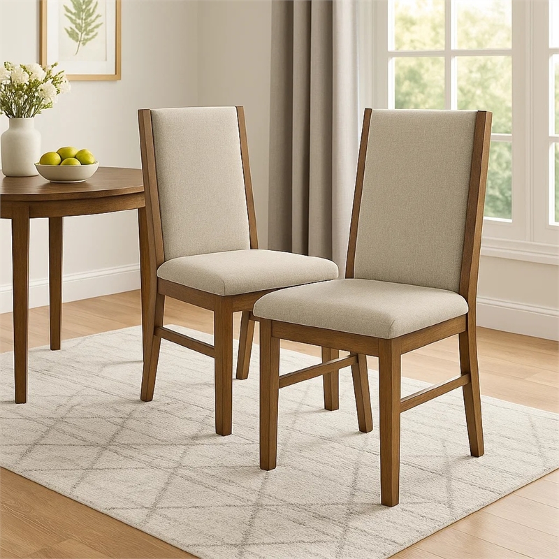 Liyo Set of 2 Side Dining Chairs-Brown Wood Frame-Beige Fabric Seating