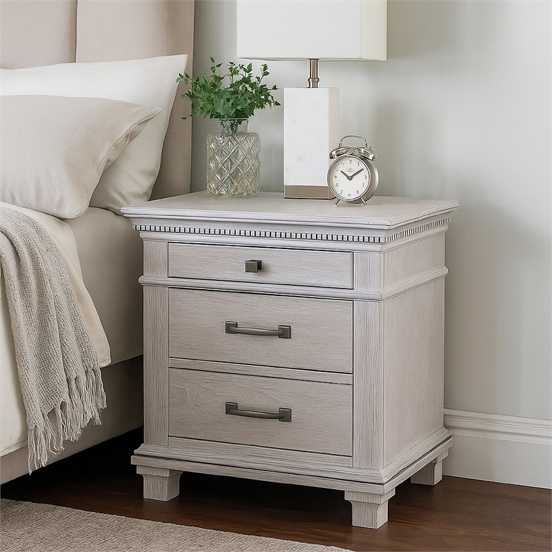 Leyne Nightstand-3 Drawers-Farmhouse Weathered Gray Solid Wood-26 Inch