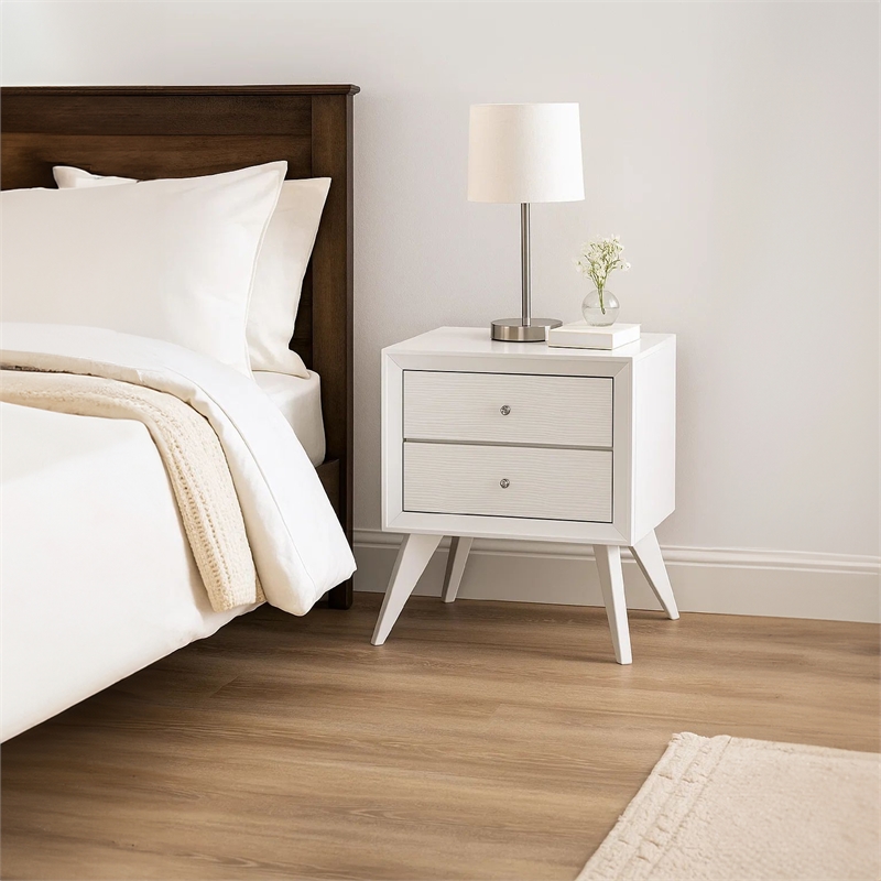 Tory Nightstand-2 Drawers-White Solid Wood-Bronze Round Knobs