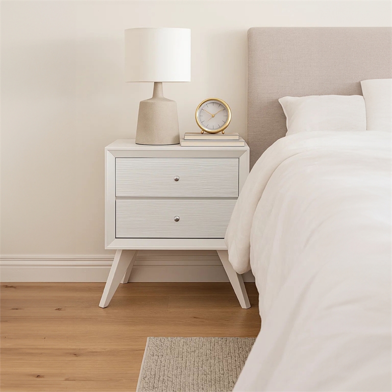 Tory Nightstand-2 Drawers-White Solid Wood-Bronze Round Knobs