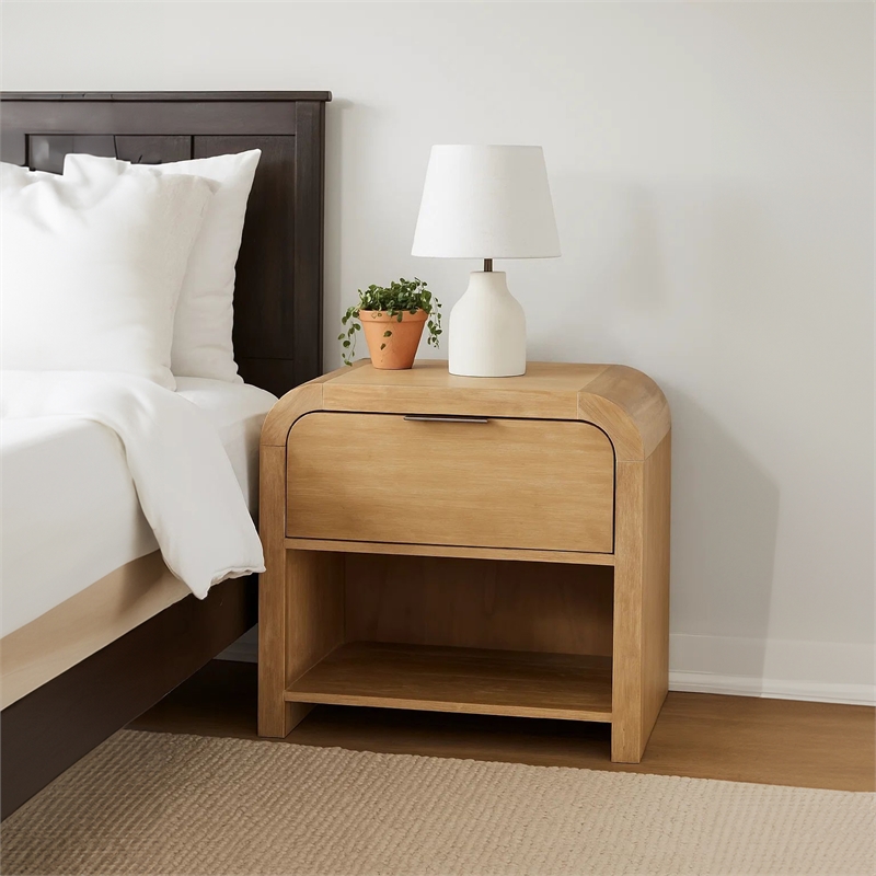 Rexa Nightstand with 1 Drawer-Metal Finger Pulls-Natural Oak Brown