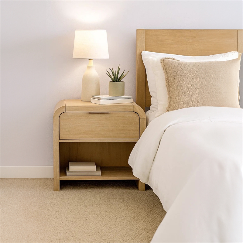 Rexa Nightstand with 1 Drawer-Metal Finger Pulls-Natural Oak Brown