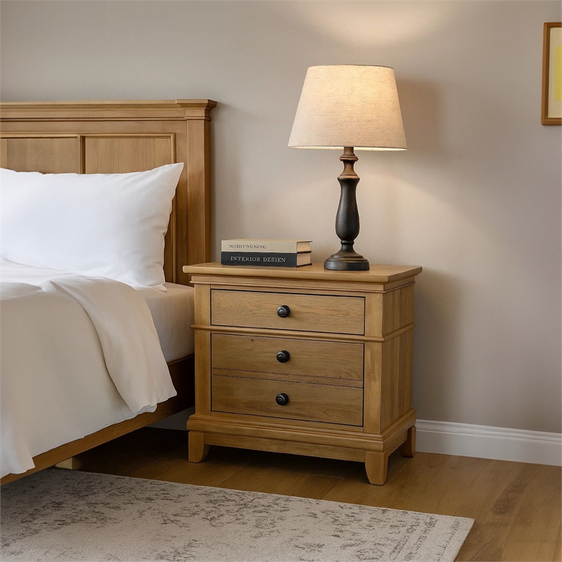 Lexa Nightstand with 3 Drawers-Farmhouse Natural Oak Brown