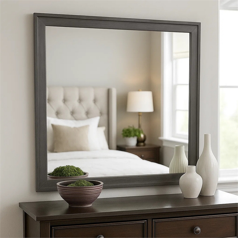 Dresser Mirror-Charcoal Gray Poplar Wood Frame-Square 40 Inch
