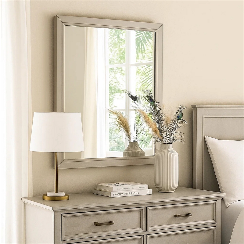 Dresser Mirror-Subtle Antique White Rubberwood-Square 40 Inch