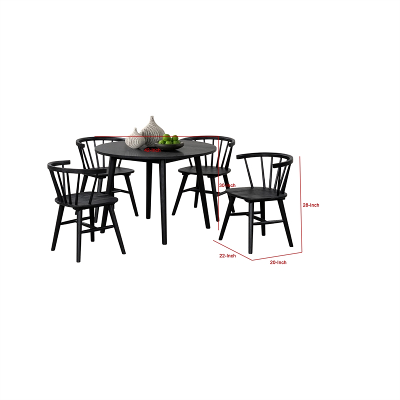 Yely 5pc Dining Table with 4 Windsor Chairs Set-Black Rubberwood