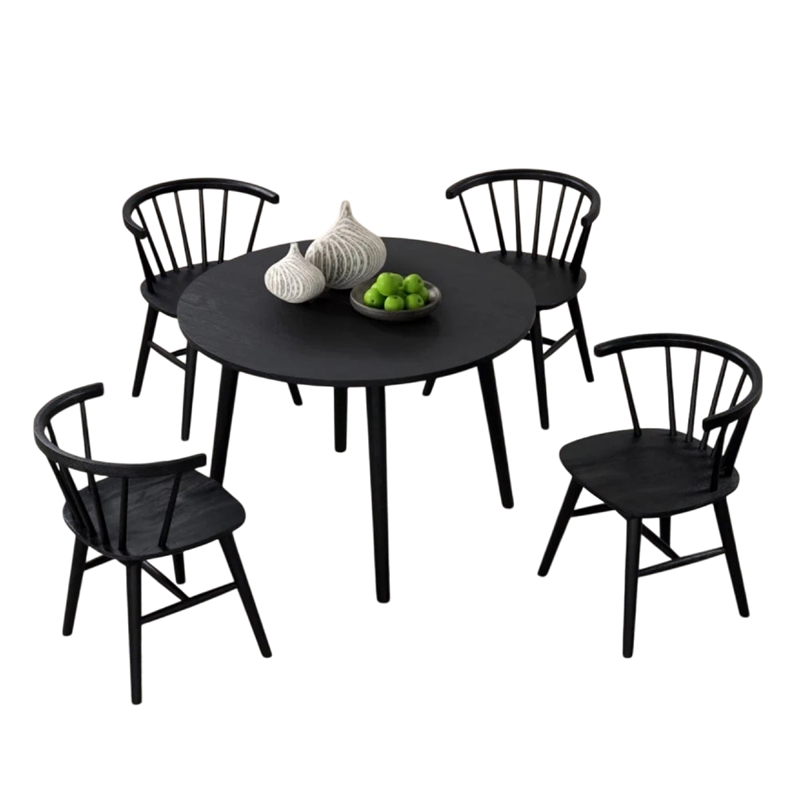 Yely 5pc Dining Table with 4 Windsor Chairs Set-Black Rubberwood