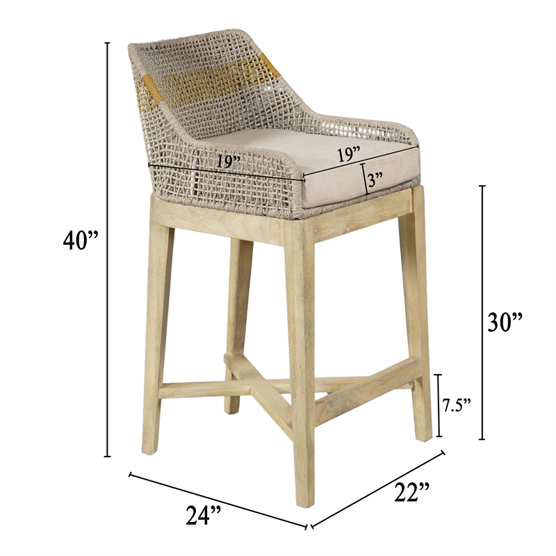 30 Inch Set of 2 Barstool Chairs-Handcrafted Mango Wood-Beige Cushion