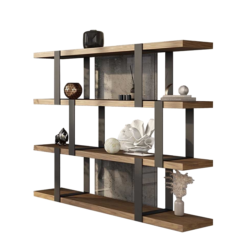 Cid Brow 4 Tier Bookshelf-Black Stainless Steel w Glass Back-71 Inch