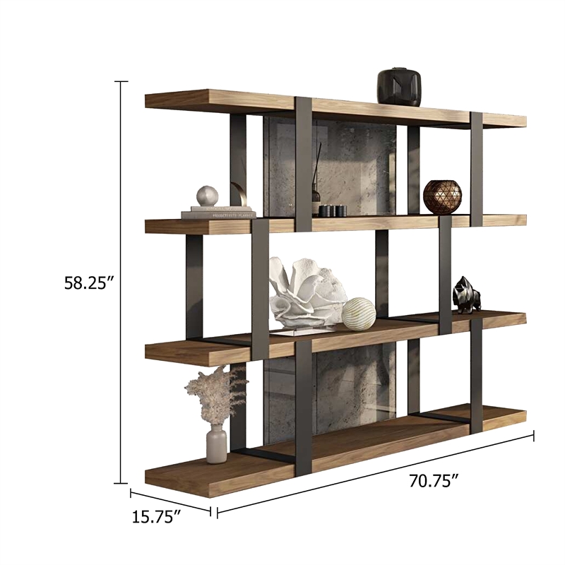 Cid Brow 4 Tier Bookshelf-Black Stainless Steel w Glass Back-71 Inch