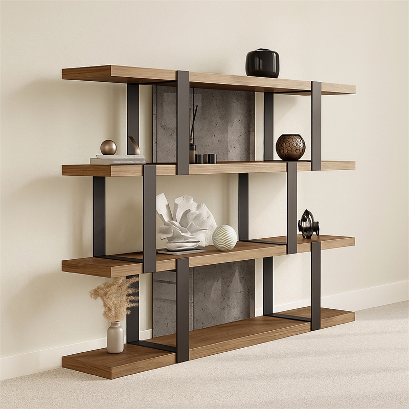 Cid Brow 4 Tier Bookshelf-Black Stainless Steel w Glass Back-71 Inch