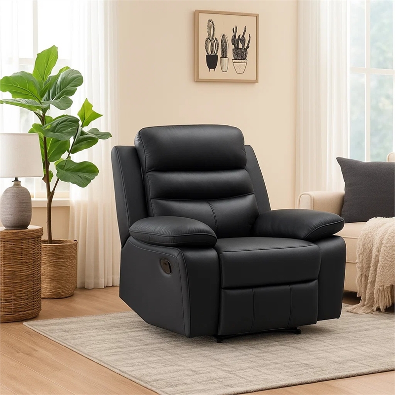 Hanna Manual Reclining Chair-Black Top Grain Leather