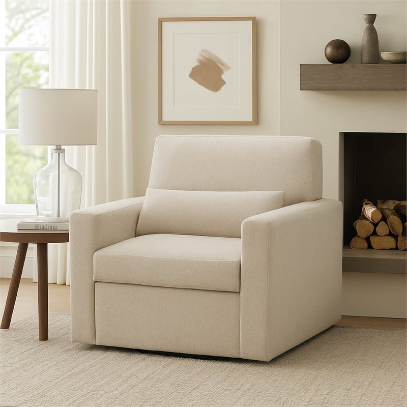 Ompa Swivel Armchair with Lumbar Pillow-Cream Beige Boucle