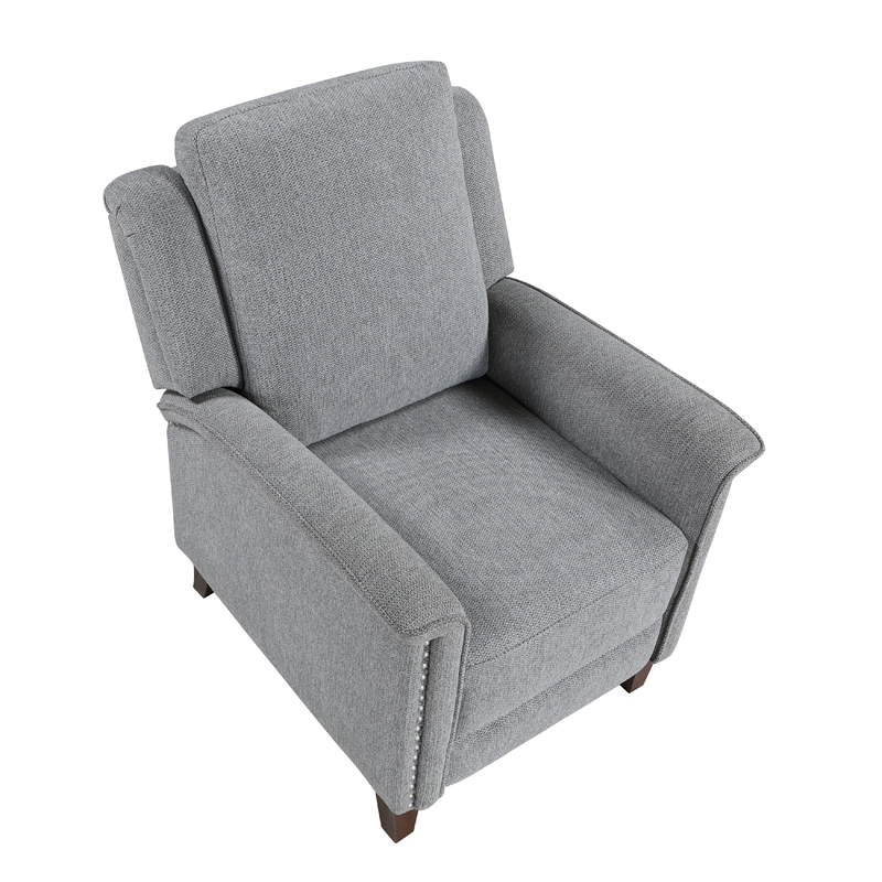 Push Back Recliner Chair-Gray Chenille-Nailhead Trim-Dark Brown