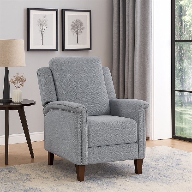 Push Back Recliner Chair-Gray Chenille-Nailhead Trim-Dark Brown