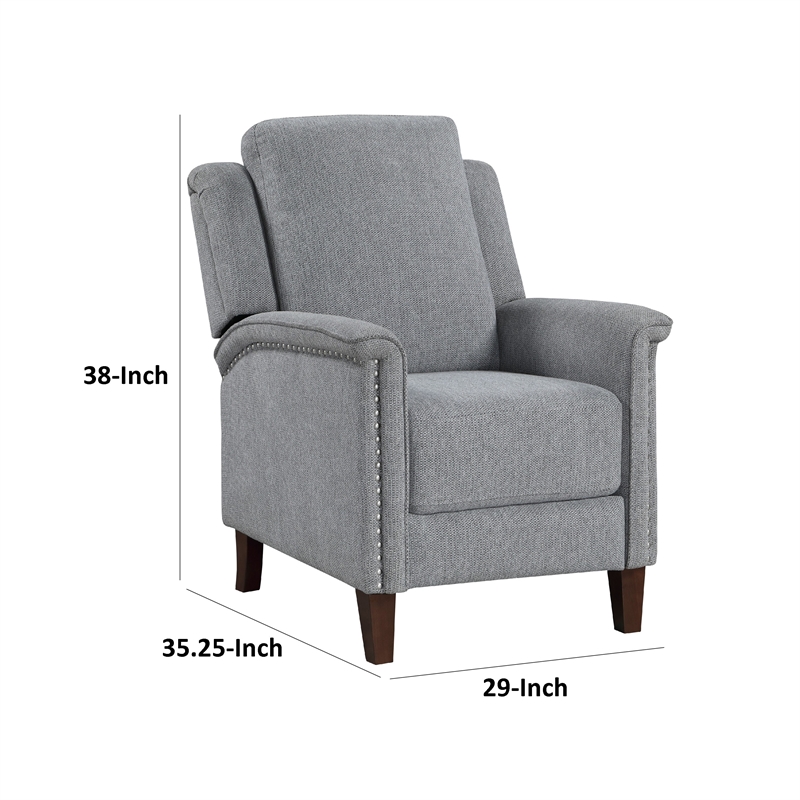 Push Back Recliner Chair-Gray Chenille-Nailhead Trim-Dark Brown