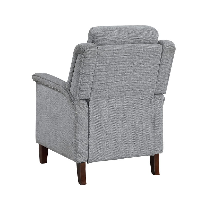 Push Back Recliner Chair-Gray Chenille-Nailhead Trim-Dark Brown