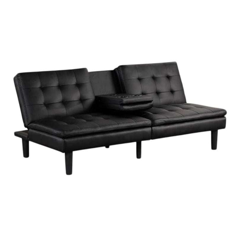 Berie Futon Sofa Bed-Drop-Down Tray-Cupholder-Black Faux Leather