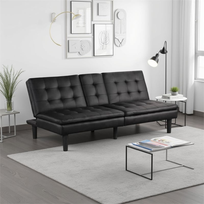Berie Futon Sofa Bed-Drop-Down Tray-Cupholder-Black Faux Leather