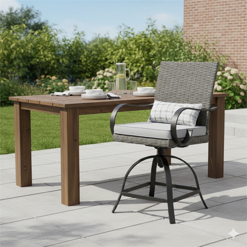 Leki Swivel Counter Height Chair Set of 2-Gray Rattan-Black Metal