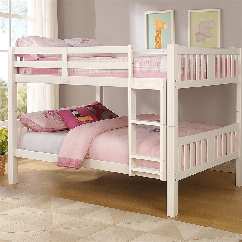 Nedy Full over Full Bunk Bed with Attached Ladder-White Solid Wood
