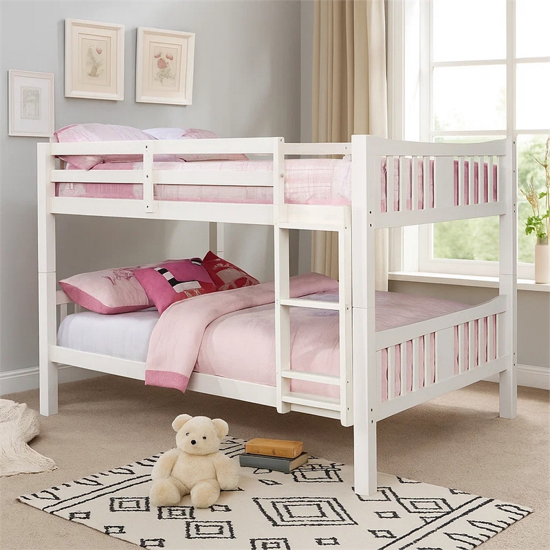 Nedy Full over Full Bunk Bed with Attached Ladder-White Solid Wood
