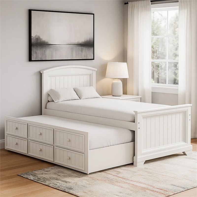 Toli Twin Captain Bed w Trundle-Drawers-White Curved Panel Headboard