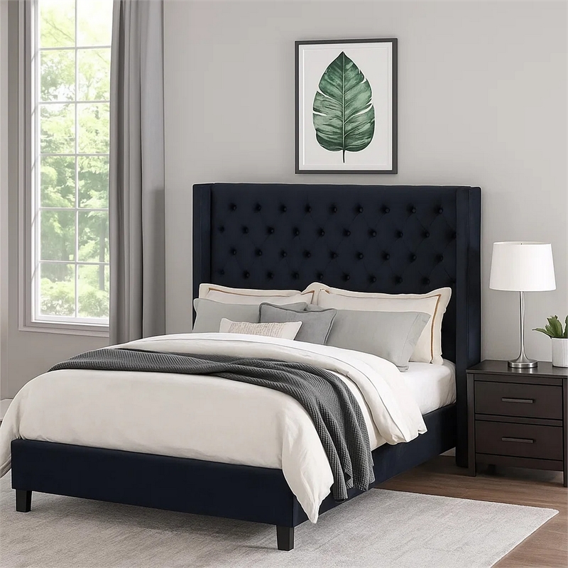 Hiu Queen Size Bed-Wingback Headboard in Black Velvet Like Upholstery