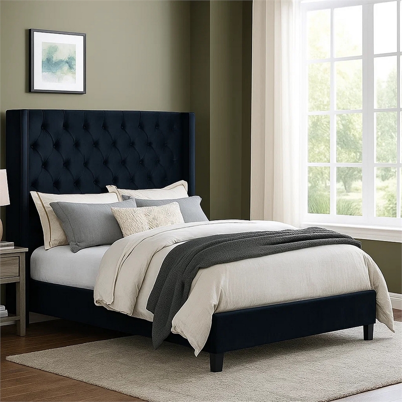 Hiu Queen Size Bed-Wingback Headboard in Black Velvet Like Upholstery