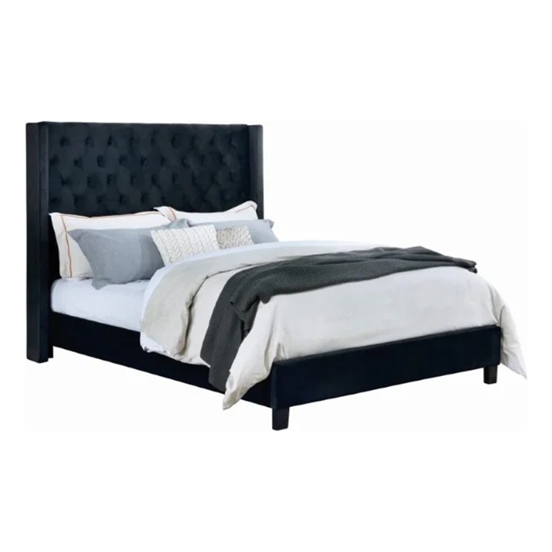 Hiu Queen Size Bed-Wingback Headboard in Black Velvet Like Upholstery