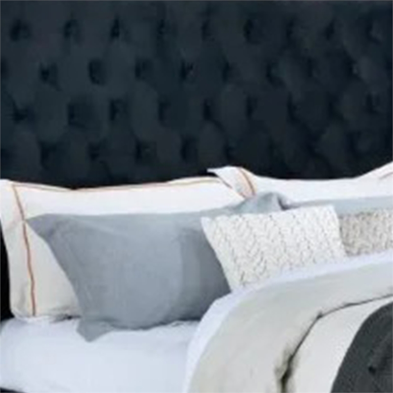 Hiu Queen Size Bed-Wingback Headboard in Black Velvet Like Upholstery