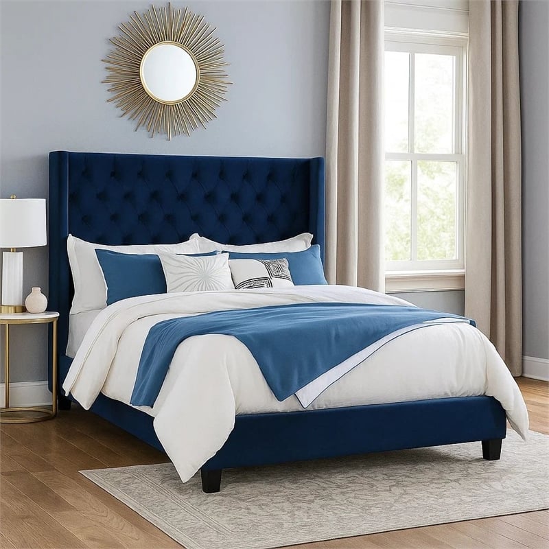 Hiu Queen Size Bed-Wingback Headboard-Navy Blue Velvet Like Upholstery