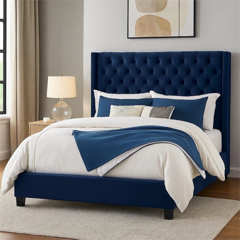 Hiu Queen Size Bed-Wingback Headboard-Navy Blue Velvet Like Upholstery