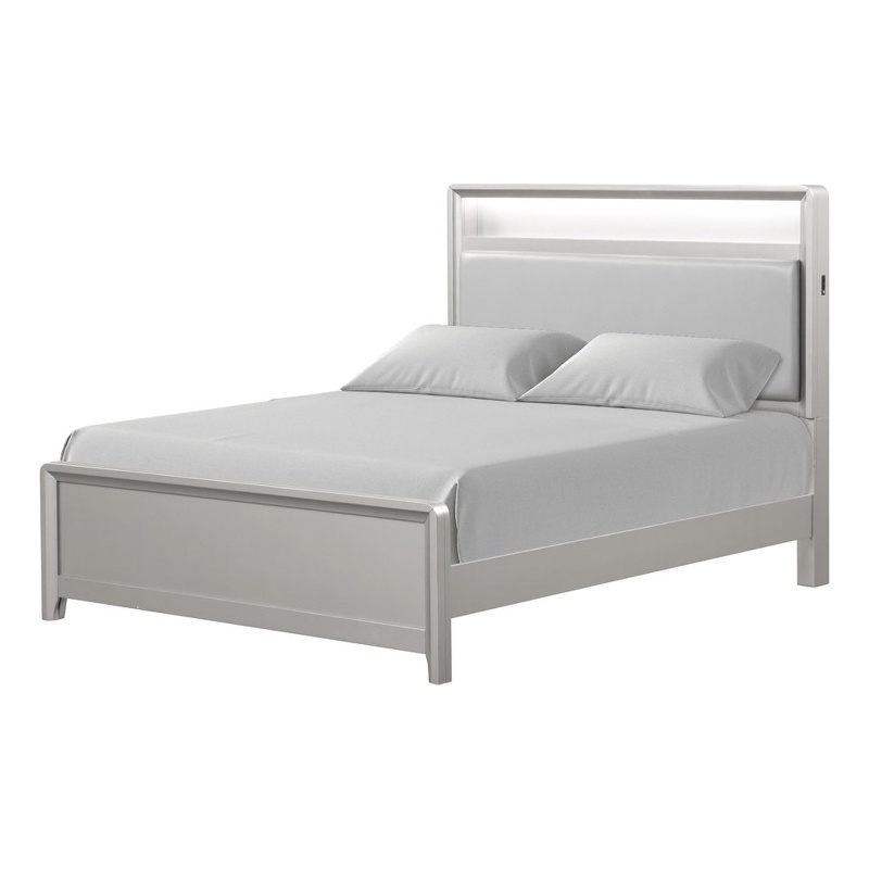 Broy Full Size Bed w LED Bookcase Headboard-Champagne Silver Veneer