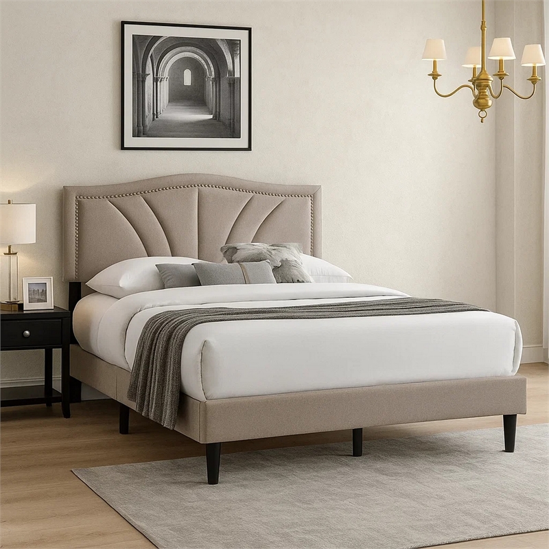 Carie Full Bed-Light Brown Burlap Upholstery-Padded Headboard