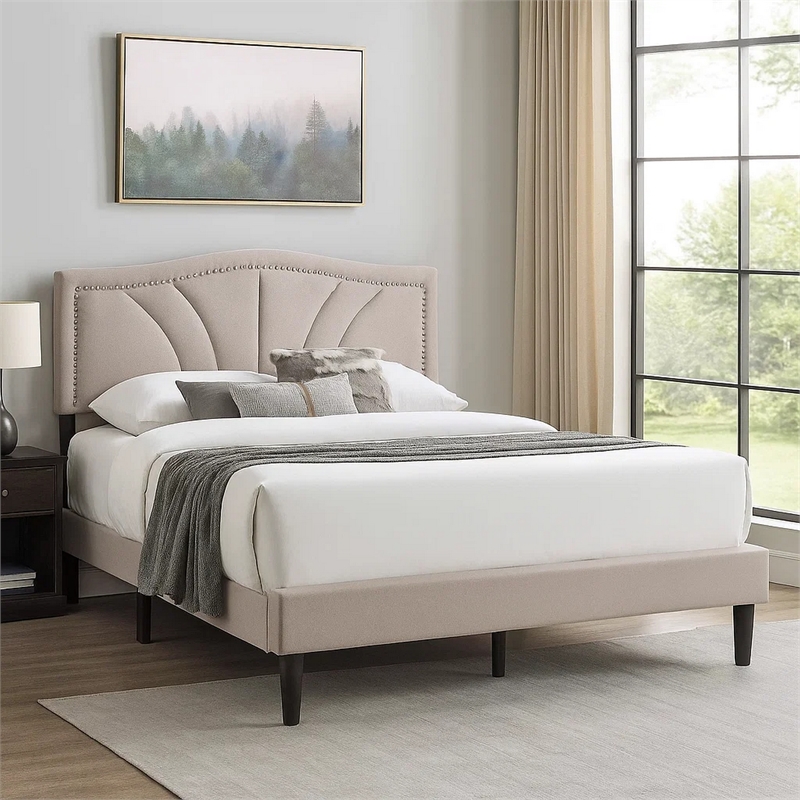 Carie Full Bed-Light Brown Burlap Upholstery-Padded Headboard