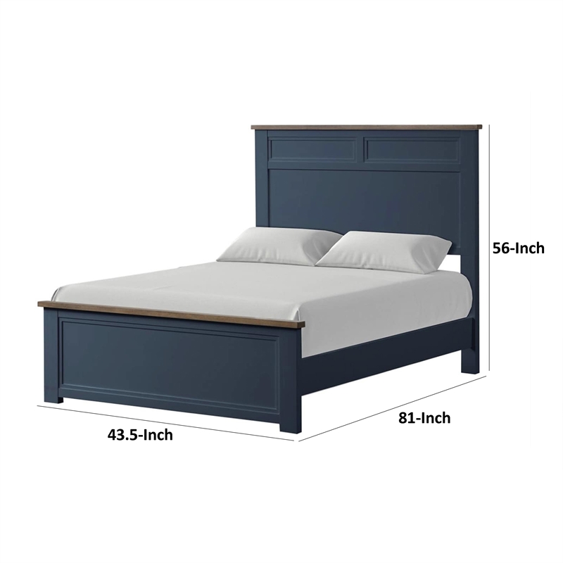 Tela Twin Size Bed w Recessed Panel Headboard-Dark Brown Trim-Blue