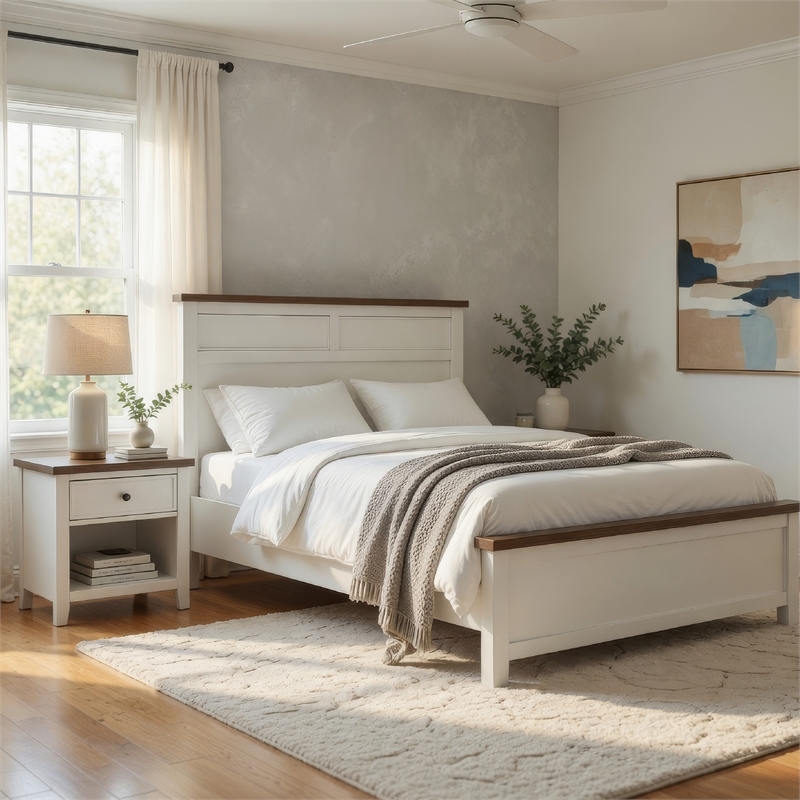 Tela Twin Size Bed w Recessed Panel Headboard-Dark Brown Trim-White