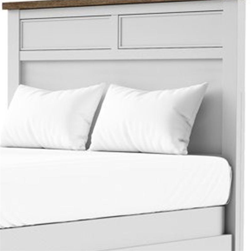 Tela Twin Size Bed w Recessed Panel Headboard-Dark Brown Trim-White