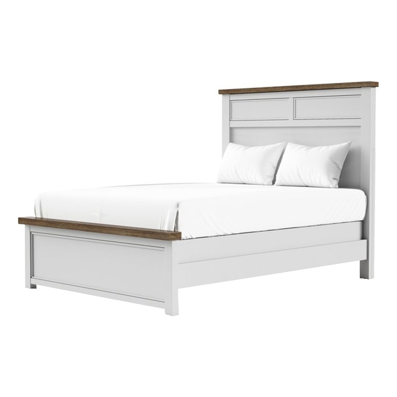 Tela Twin Size Bed w Recessed Panel Headboard-Dark Brown Trim-White