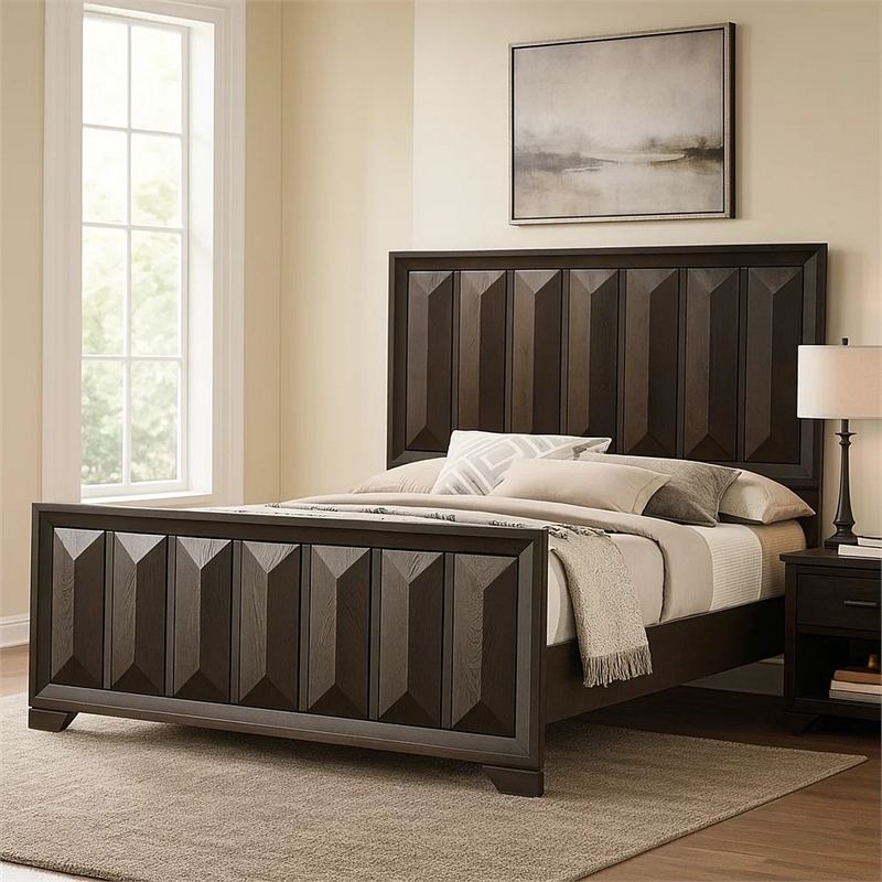 Fema Queen Bed-Vertical Facet Headboard and Footboard-Espresso Brown