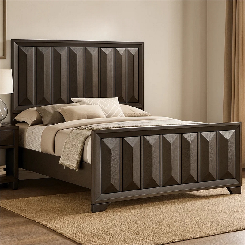 Fema Queen Bed-Vertical Facet Headboard and Footboard-Espresso Brown