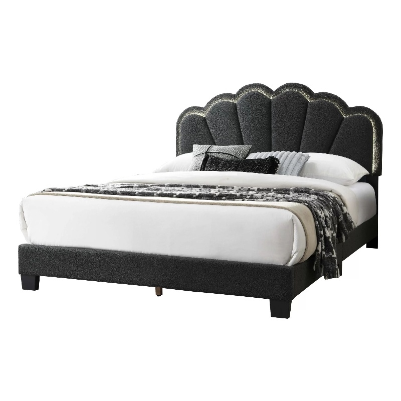 Madsy Full Bed-Gray Upholstered Fan-Shaped Headboard-Metallic Accents