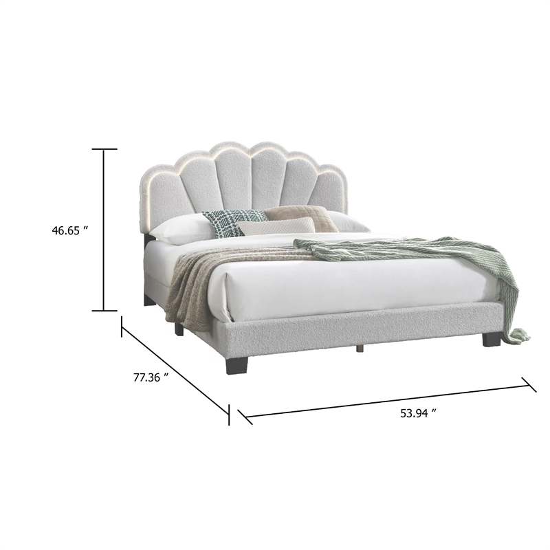 Madsy Full Bed-White Upholstered Fan-Shaped Headboard-Metallic Accents
