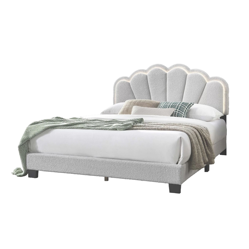 Madsy Full Bed-White Upholstered Fan-Shaped Headboard-Metallic Accents