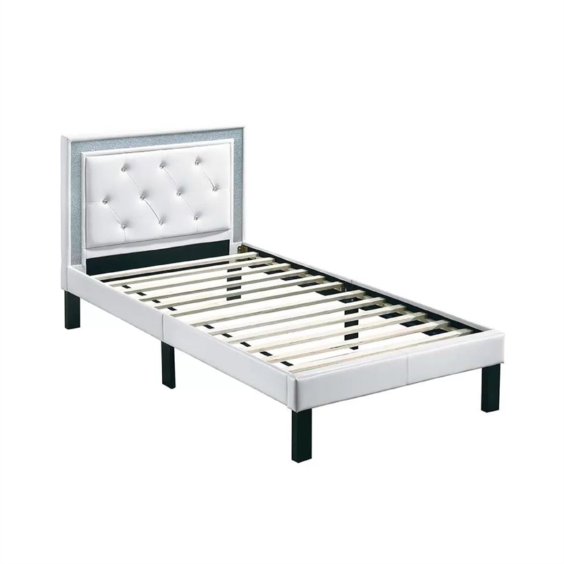 Mannie Twin Bed with Silver Trim-White Button Tufted Faux-Leather