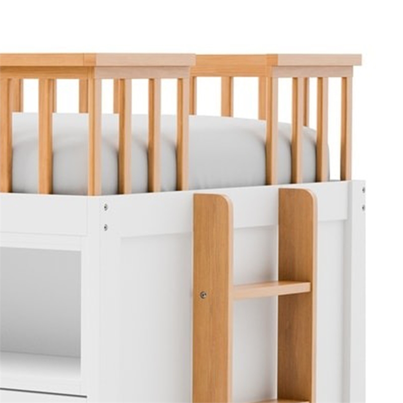 Lexo Twin Bookcase Bunk Bed w Trundle and Ladder-White & Natural Oak