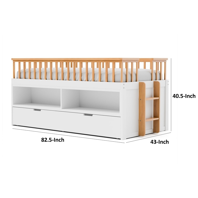 Lexo Twin Bookcase Bunk Bed w Trundle and Ladder-White & Natural Oak