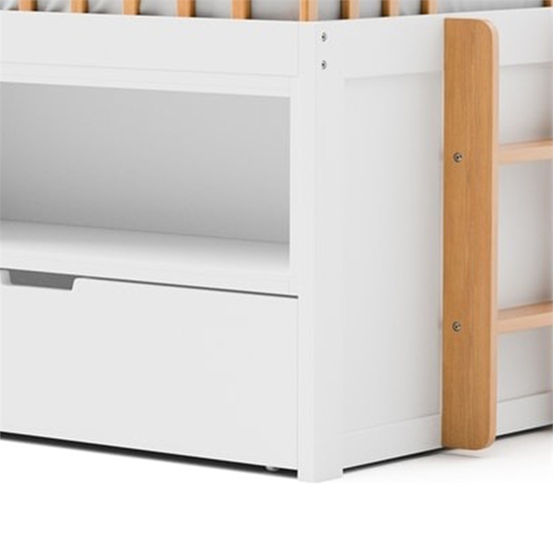 Lexo Twin Bookcase Bunk Bed w Trundle and Ladder-White & Natural Oak